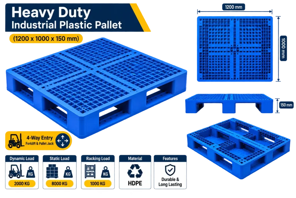heavy duty closed deck HDPE industrial plastic pallet blue 1200x1000x150mm
