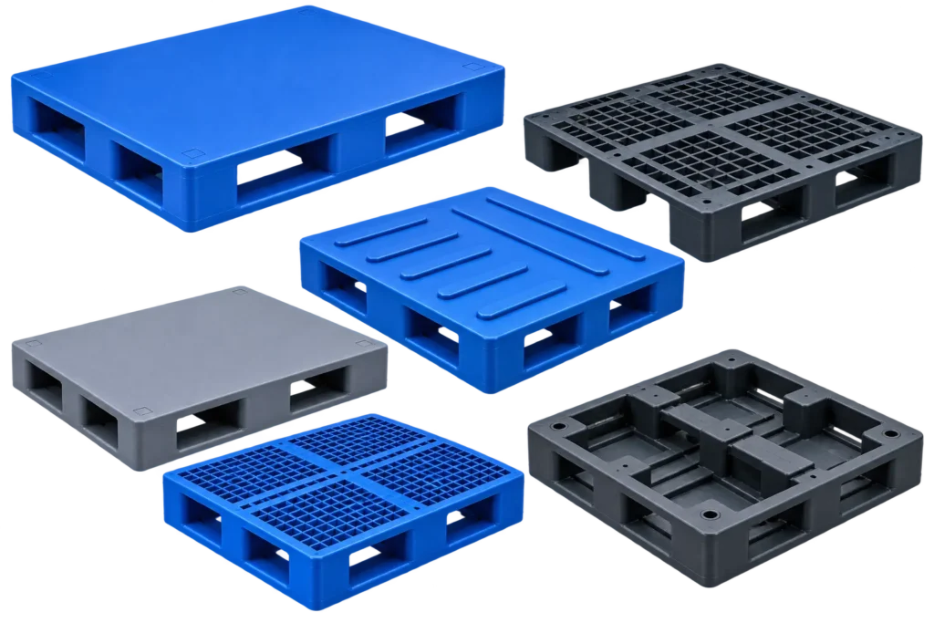 industrial plastic pallets stacked in warehouse racking